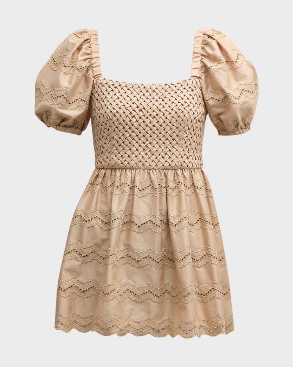 Casandra Puff-Sleeve Smocked Eyelet Mini Dress